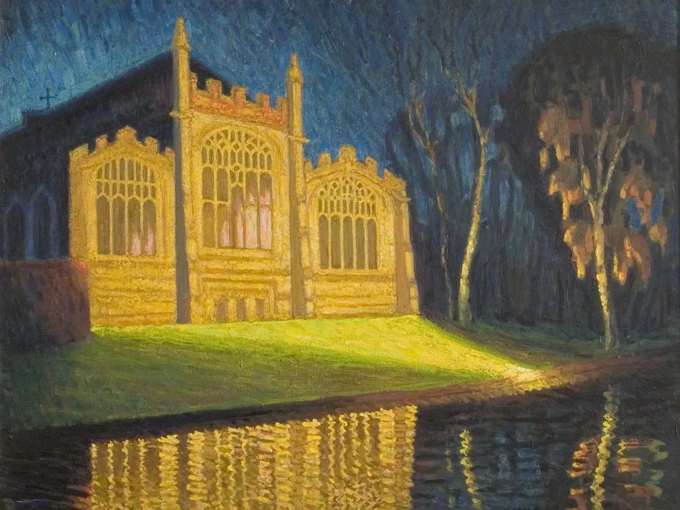 St Mary's Church by night, one of Gerard Ceunis's paintings, released by North Herts Council with the exhibition announcement