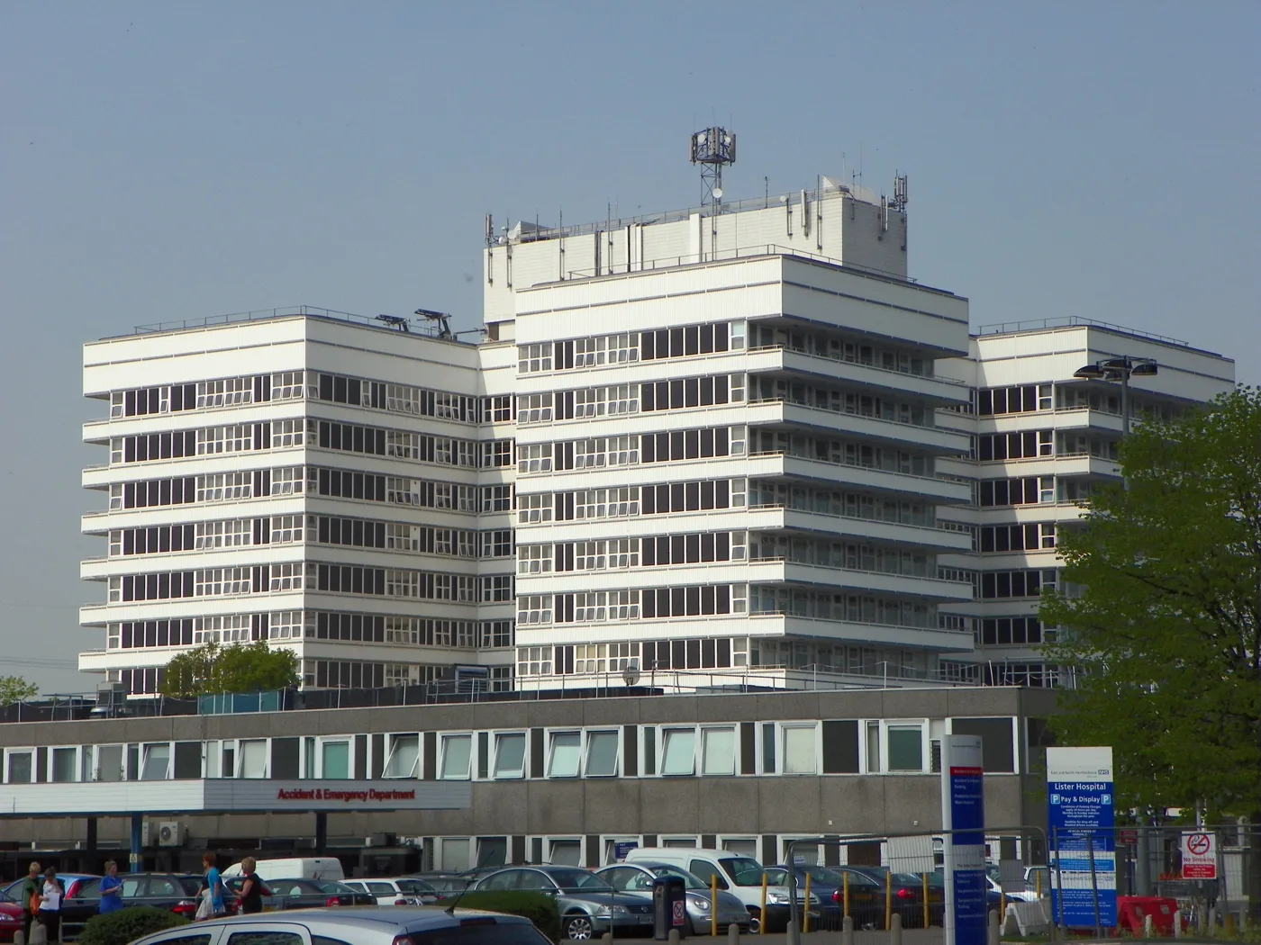 Lister Hospital in Stevenage, with the Accident and Emergency Department sign above the entrance