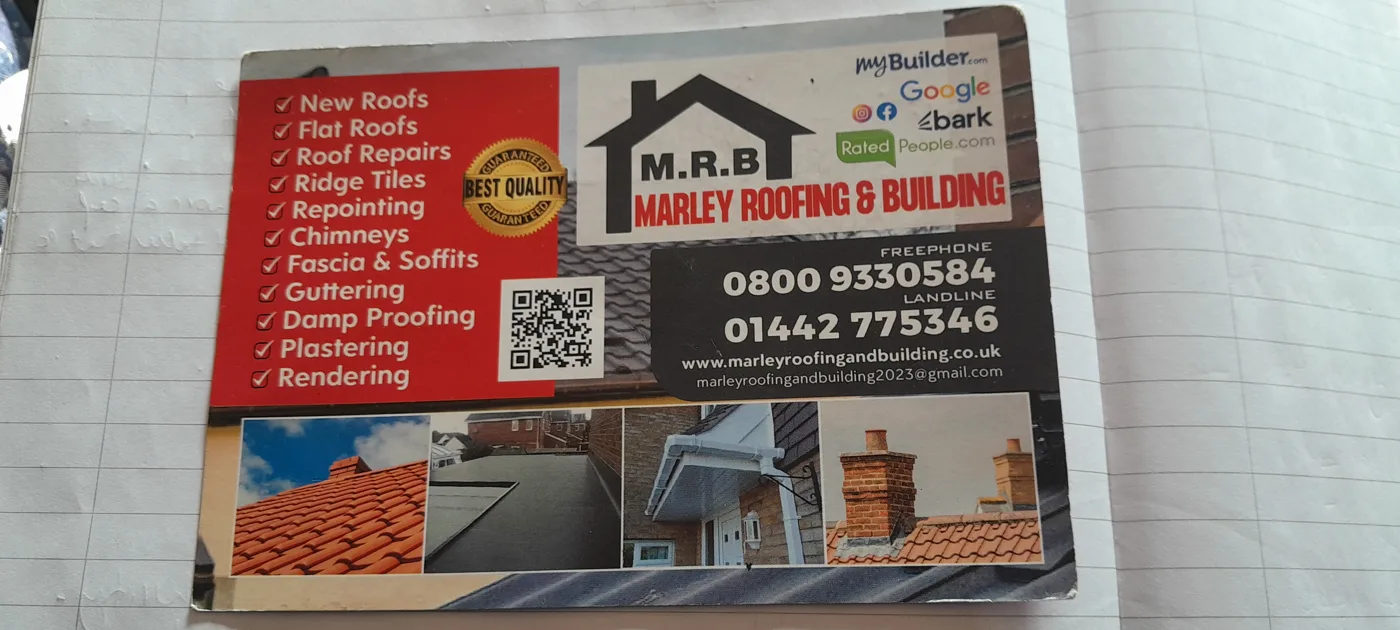 A Marley Roofing and Building flyer listing new roofs, flat roofs, roof repairs and other services, with freephone and landline numbers
