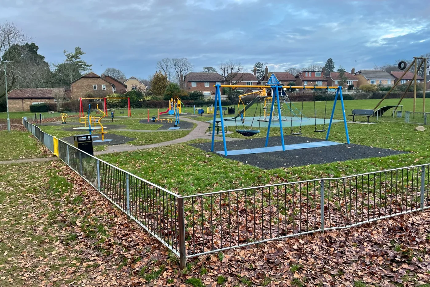 The existing play area in Shephalbury Park, under a kilometre north of Spencer Way, in January 2026. The Spencer Way site is a green with no play area yet.
