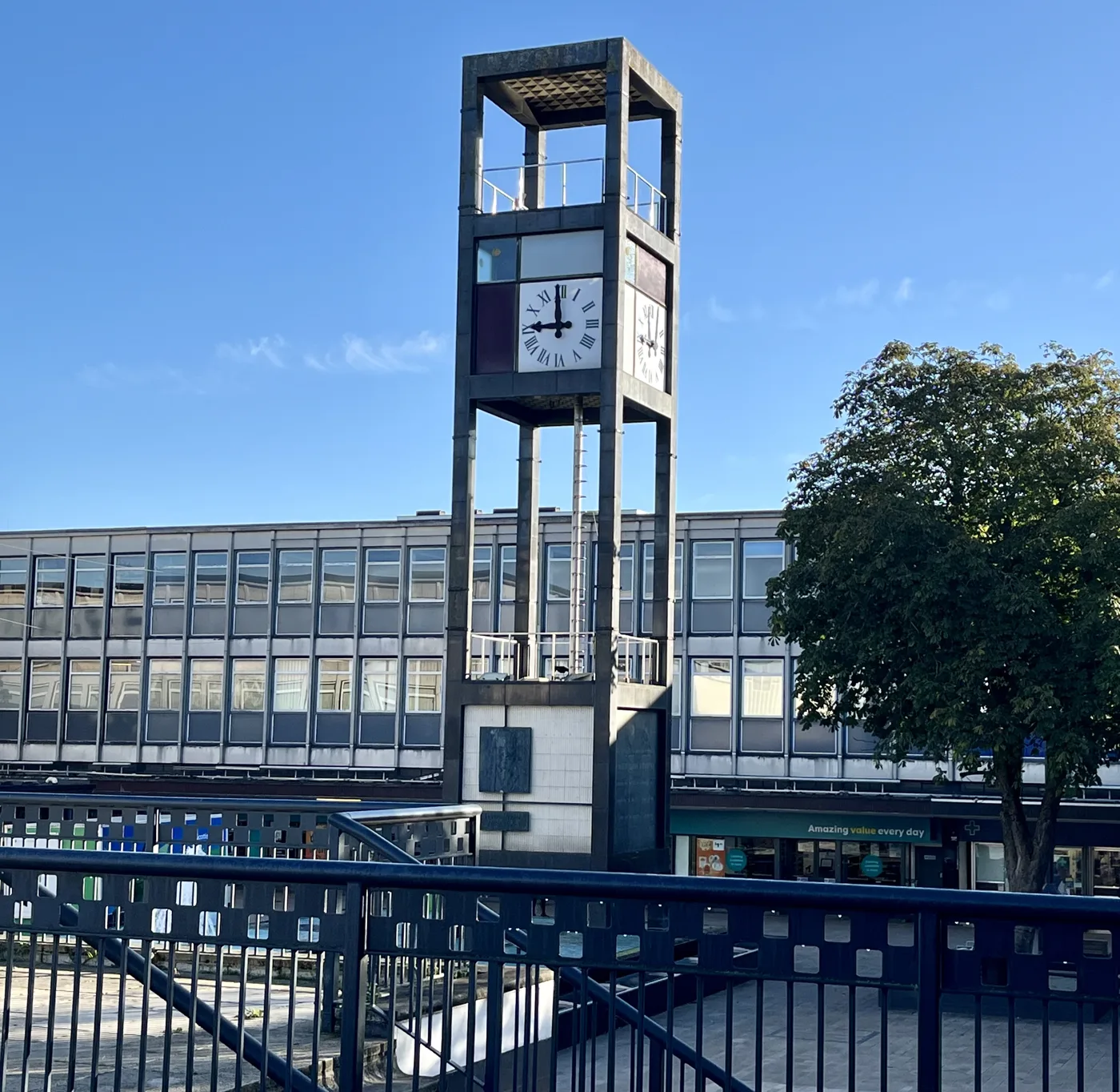 The clock tower in Stevenage town centre, in the pedestrianised shopping centre built for the new town.