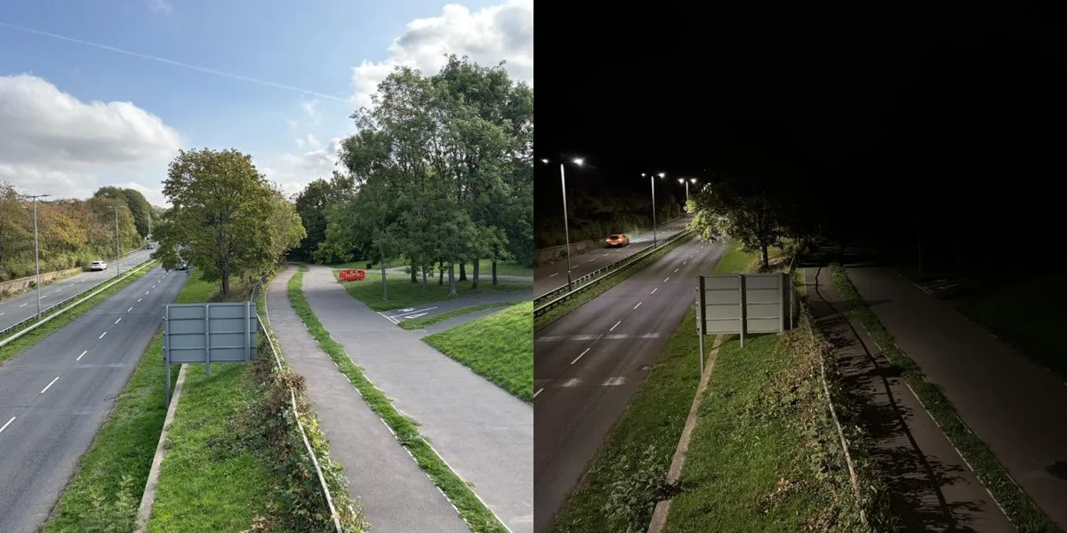Martins Way, seen from the North Road bridge, by day and after dark. The cycleway runs on the right.