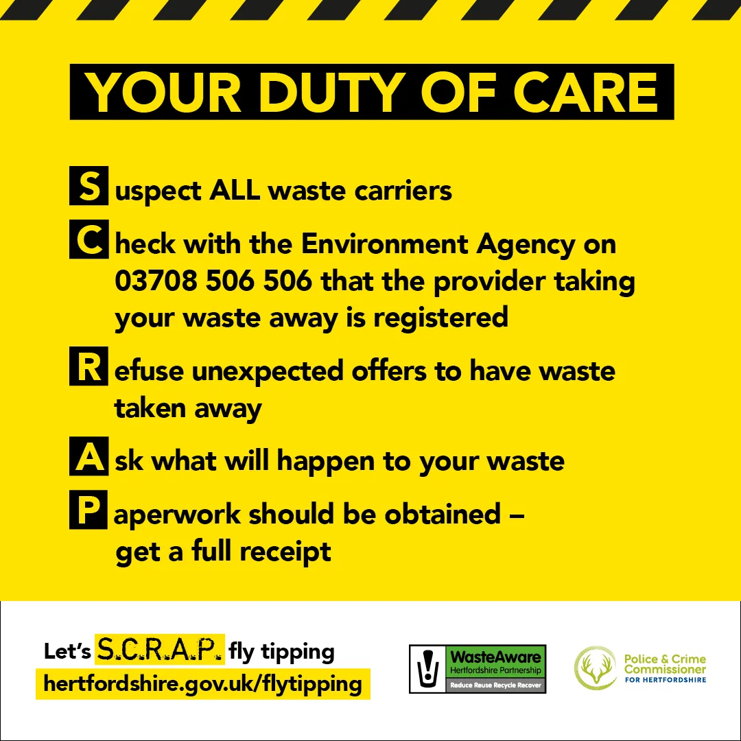 Yellow campaign card headed Your Duty of Care listing the five SCRAP steps: suspect all waste carriers, check with the Environment Agency on 03708 506 506, refuse unexpected offers, ask what will happen to your waste, get a full receipt.