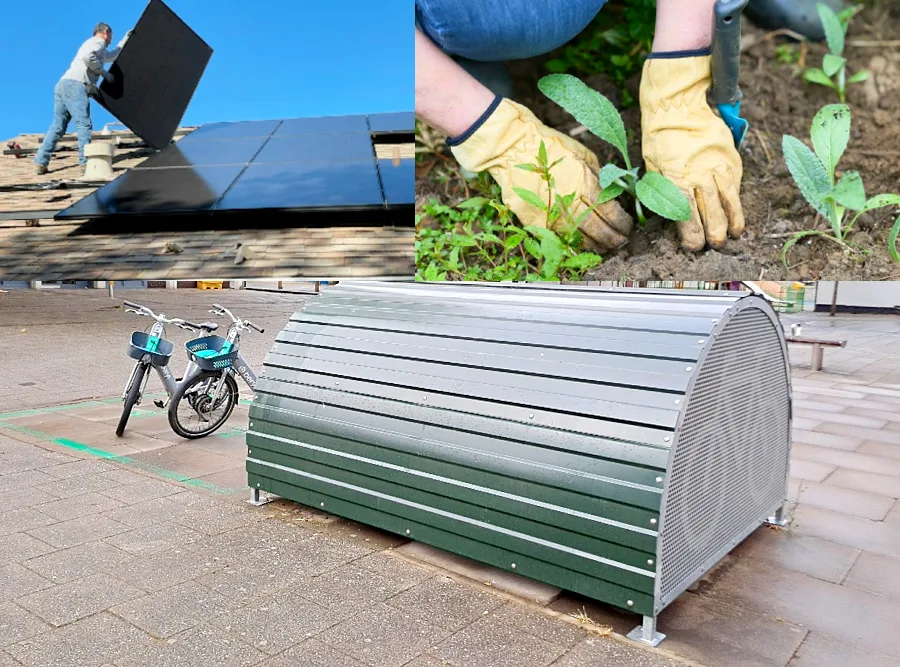 Solar panels being fitted on a roof, seedlings being planted and a bike locker, the kinds of project the fund is meant for