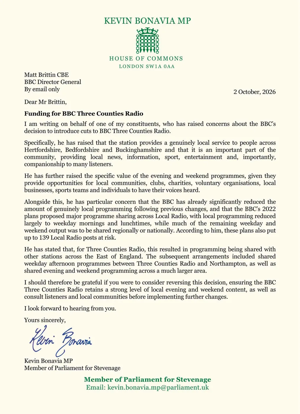 Letter on House of Commons paper from Kevin Bonavia MP to Matt Brittin CBE, BBC Director General, dated 2 October 2026, headed Funding for BBC Three Counties Radio, asking him to consider reversing the cuts and to consult listeners before further changes